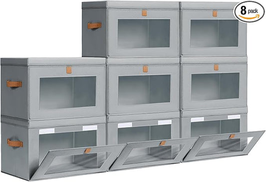 Homsorout Large Closet Storage Bins - Collapsible Storage Bins with Handles & Window, Fabric Cube Organizer with Lids, Decorative Boxes for Living Room, Closet, Dorm, 8 Pack, Grey by Homsorout