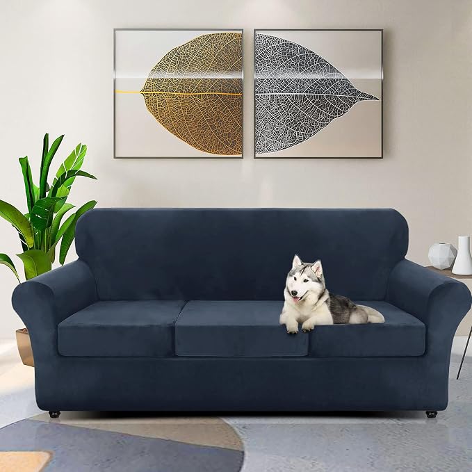 ZNSAYOTX Luxury Velvet Couch Cover 4 Piece (72"-92") Stretch Sofa Covers for 3 Cushion Couch Thick Soft Sofa Slipcover with Non Slip Strap, Dog Pet Friendly Nice Furniture Protector (Navy Blue) - Image 2