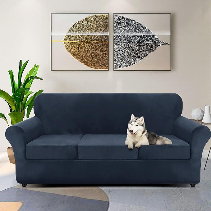 ZNSAYOTX Oversized Velvet Couch Cover 4 Piece (92"-115") Stretch Sofa Covers for 3 Cushion Couch Thick Soft XL-Slipcover with Non Slip Strap, Dog Pet Friendly Nice Furniture Protector (Navy Blue) - Image 2