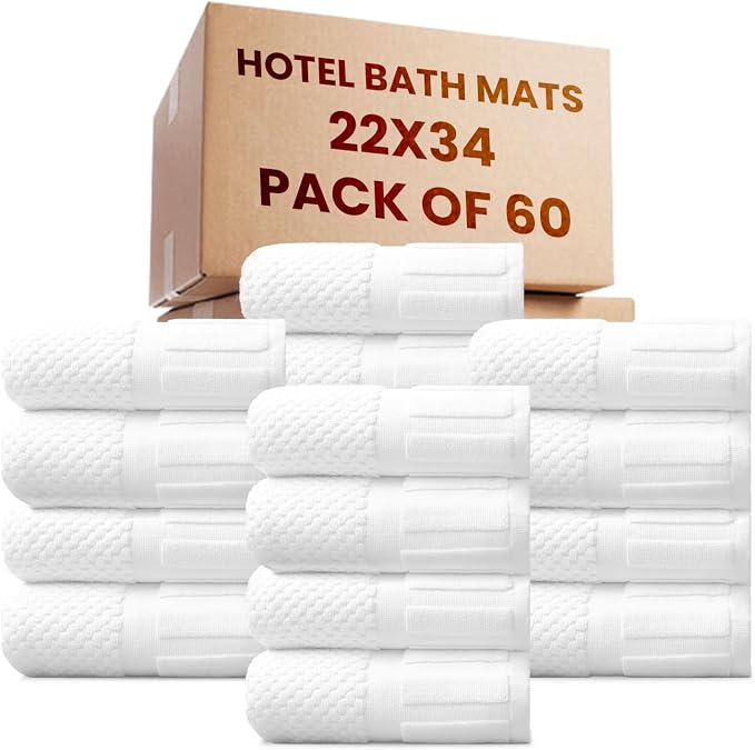 belem Luxury Bath Mats Bulk 22x34 – 60 Pack 100% Cotton White Bath Mat – Super Absorbent, Quick-Drying – Ultra Plush & Machine Washable – Ideal for Hotels & Spas by Belem