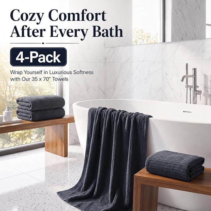 4 Pcs Extra Large Bath Towel Set 35"x70" Dark Gray Oversized Microfiber Bathroom Sheet Soft Coral Fleece Absorbent Quick Dry Towel with Hanging Loop for Adult Body Beach Hotel Home Spa - Image 2