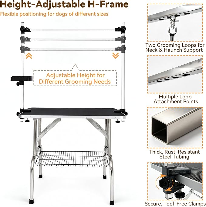 36" Foldable Dog Grooming Table with Adjustable H-Frame Arm & 2 Nooses, Heavy-Duty Stainless Steel Frame, Non-Slip Top, Tool Caddy and Mesh Tray, Black - Image 4