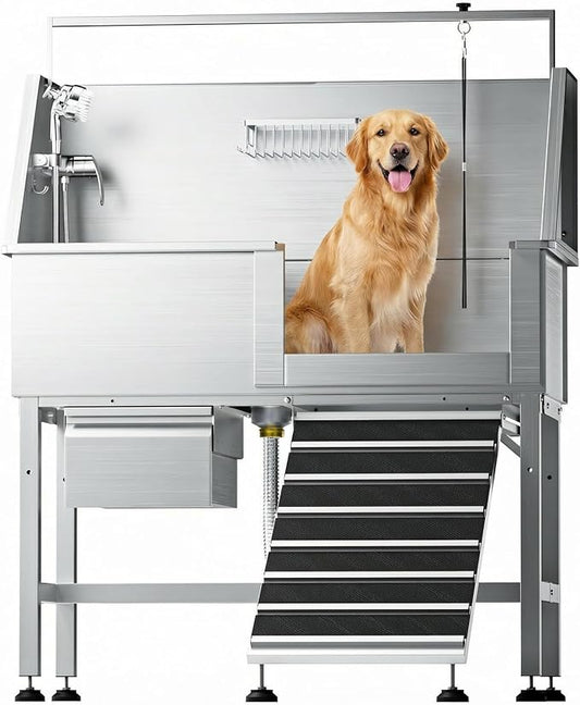 46" Dog Washing Station, Leak-Proof 304 Stainless Steel Dog Bathtub with Non-Slip Removable Left Stair & Storage Drawer, Elevated Pet Wash Station for Large Dogs, Indoor & Outdoor Use (Right Ramp) by Unknown