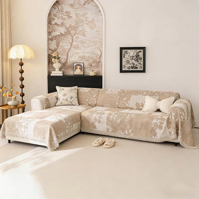 STACYPIK Botanical Floral Couch Cover for Pets Textured Beige Cream Patchwork Sofa Cover for 2 Cushion Couch with Tassels Dogs Couch Cover for Sectional Love Seat Protector for Living Room-71X118IN - Image 2