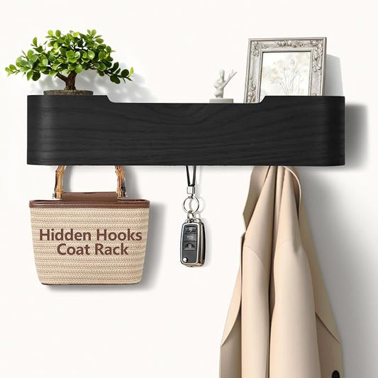 Coat Rack Wall Mount with Shelf 4 Hidden Hooks Modern Wooden Key Holder Entryway Organizer for Hallway Bedroom Bathroom Home Decor Storage for Hanging Coats Hats Bags Towels, Black by Jadoxy