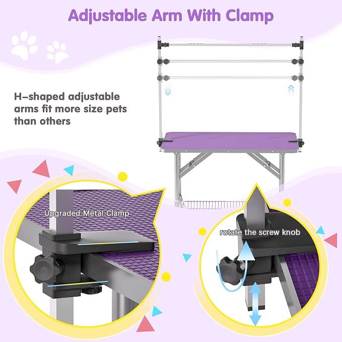 Lyromix 36'' Stainless Steel Pet Dog Grooming Table, Arm/Noose/Tray, Purple | Foldable Dog Grooming Table for Dogs at Home, Adjustable Height Arm, Non-Slip Waterproof Tabletop, Capacity 330Lb - Image 4