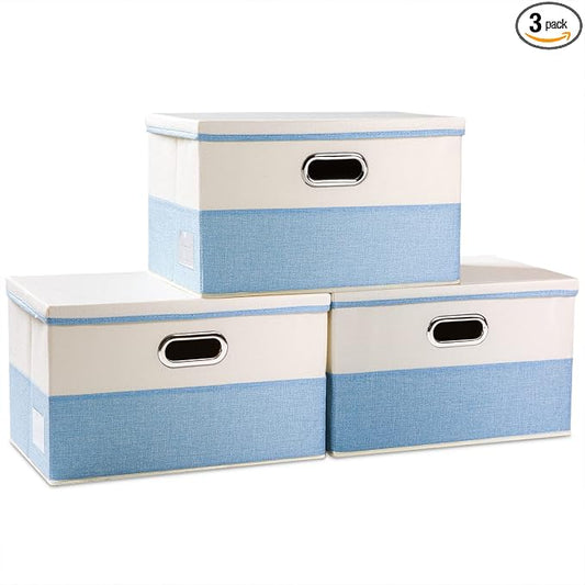 PRANDOM Large Foldable Storage Boxes with Lids [3-Pack] Fabric Collapsible Storage Bins Organizer Containers Baskets Cube with Cover for Home Bedroom Closet Office Nursery Blue&Cream(17.7x11.8x11.8) by Prandom