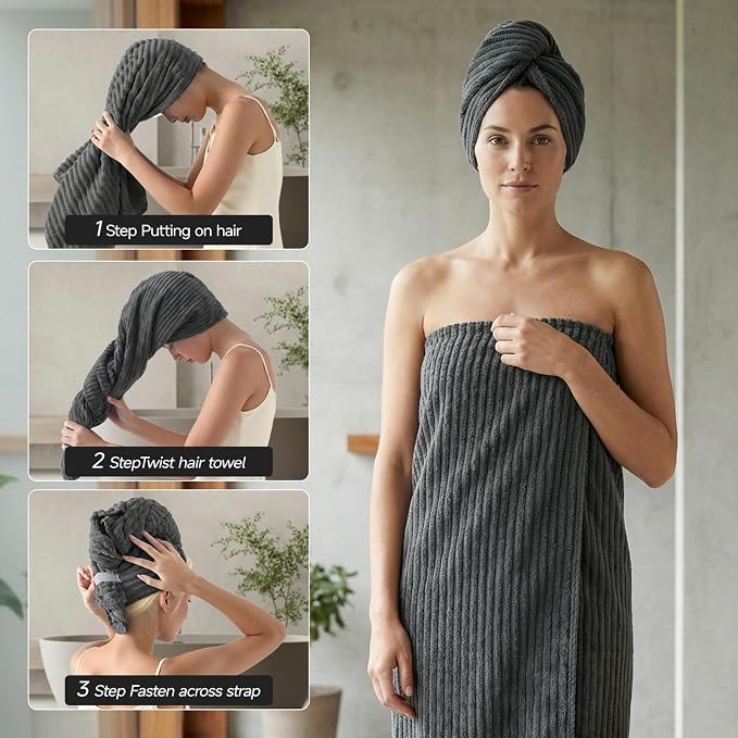 REDKISS Charcoal Gray Bath Towels Set 8 Piece - Microfiber Bathroom Towels of 8 Large, Highly Absorbent Bath Towel, Soft Shower Towel for Bathroom, 2 Bath Sheet 2 Hand 2 Washcloths 2 Hair Towel Wrap - Image 4