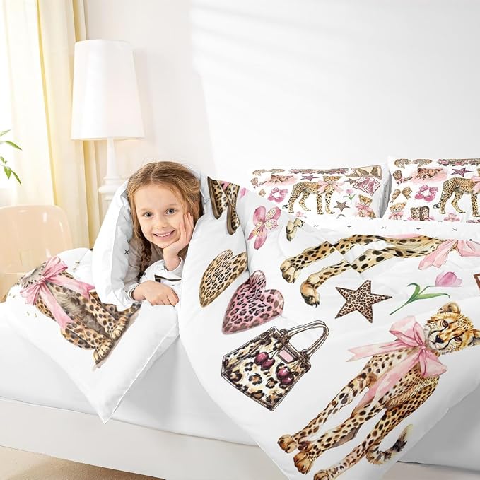 Manfei Girly Bow Cute Comforter Sets Twin Size,Cartoon Cheetah Boots Bedding Comforter for Kids Girls Boys,Wild Animal Prints Quilt Sets for Bedroom Decor,Duvet Insert,1 Pillowcase,Pink Brown - Image 5
