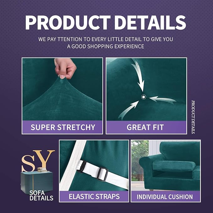 ZNSAYOTX Luxury Velvet Sofa Cover 3 Piece (57"-70") Stretch Loveseat Covers for 2 Cushion Couch Thick Soft Couch Slipcover with Non Slip Strap, Dog Pet Friendly Nice Furniture Protector (Deap Teal) - Image 4