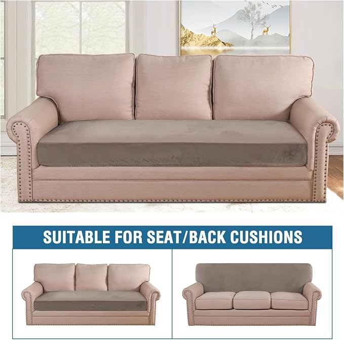 H.VERSAILTEX Velvet Stretch Individual Couch Cushion Cover Plush Cushion Slipcover for Loveseat Sofa Cushion Furniture Protector Seat Cushion Sofa Cover (1 Piece Sofa Cushion Cover, Taupe) - Image 3