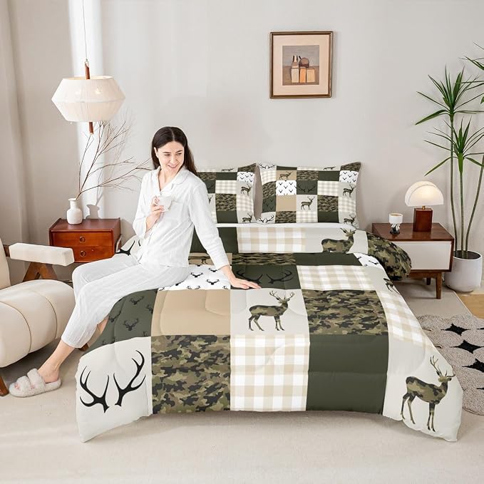 Homewish Camouflage Comforter Set Full Size Woodland Camo Quilt Set Green and Beige Plaid Print Bedding Set 3pcs for Kids Boys Teens Room Decor, Animal Deer Antlers Duvet Insert with 2 Pillowcases - Image 4