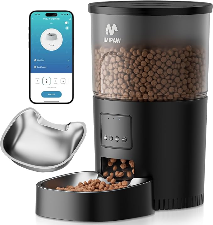 IMIPAW Automatic Cat Feeder, 5G WiFi Food Dispenser with APP Remote Control, Pet Dry Food Smart Feeder, Programmable Timed Feeding, Dual Power Supply, 1-10 Meals, Desiccant Bag, Stainless Steel Bowl by IMIPAW