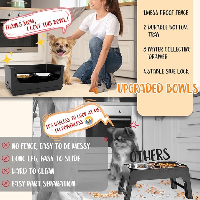 Elevated Dog Bowl Stand Set,Quiet Eating Mess Proof Raised Dog Bowls 2 Stainless Steel Food Bowls,Splash Water Collection Non-Slip Small Cat Feeding Table - Image 5