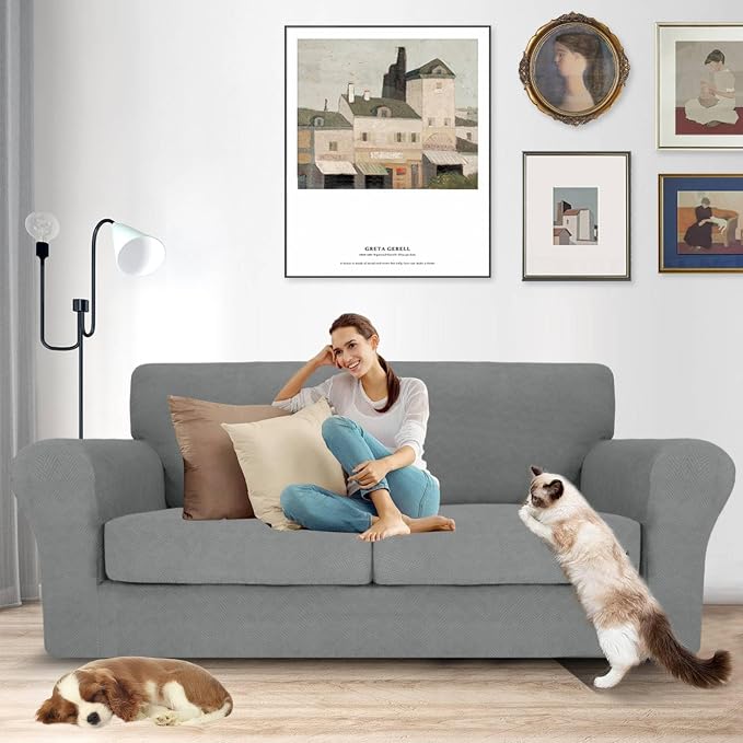 MAXIJIN 3 Piece Couch Covers for 2 Cushion Couch Sofa Cover, Stretch Loveseat Sofa Slipcovers for Sofas with 2 Large Cushions, Thick Dogs Pet Furniture Covers (71"-91", Light Gray) - Image 2