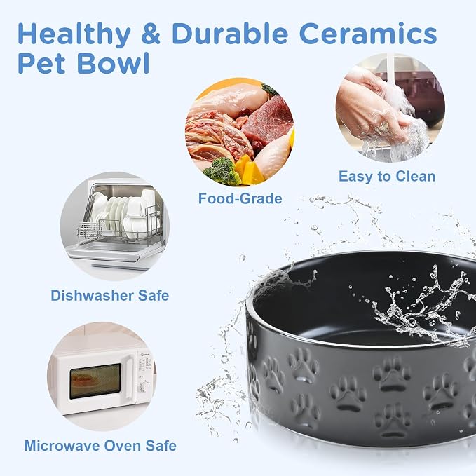 SPUNKYJUNKY Elevated Dog Bowls Ceramic, 8.3'' Dogs Food Water Bowls Raised with Non-Slip Bamboo Stand for Large Sized Breed Microwave Dishwasher Safe - 60 OZ,Paw Black - Image 5