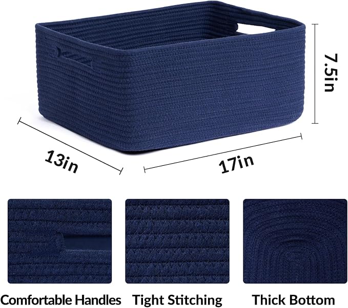 MiniArk Large Storage Baskets for Shelves, 17 x 13 x 7.5” Closet Organizers Bins for Clothes Blanket Towels, Baby Nursery, Toy Baskets Box, Woven Rope Baskets, 2 Packs Navy Blue - Image 2