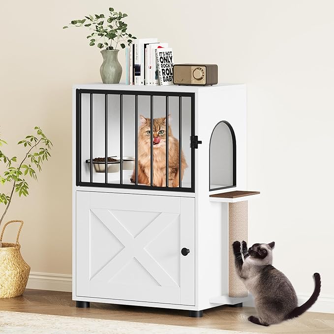 Dog Proof Cat Feeding Station, Dog Proof Cat Feeder, Cat Food Table, White | Cat Feeding Station with Scratching Post, Elevated Food Bowls with Stand, Cat Tree with Food Storage, Cat House - Image 2
