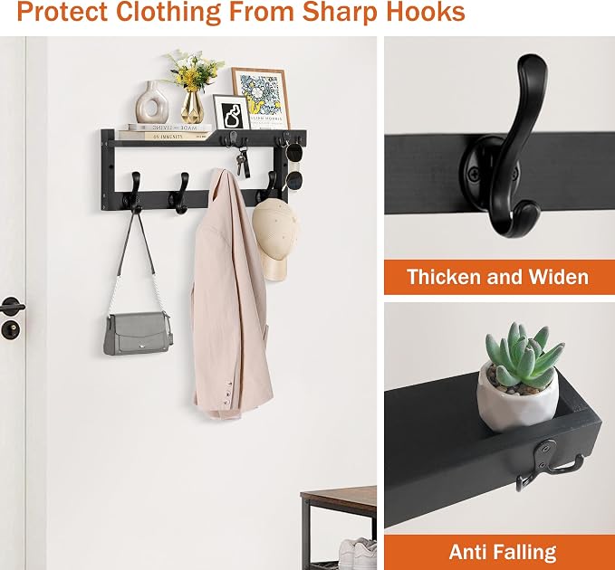 dreampossible Coat Rack Wall Mount with Shelf, Coat Hanger Wall Mount with Key Hooks and Mail Holder, Wood Entryway Floating Shelf with Hooks and Storage, Hat Rack for Wall Key Holder Mail Organizer - Image 2
