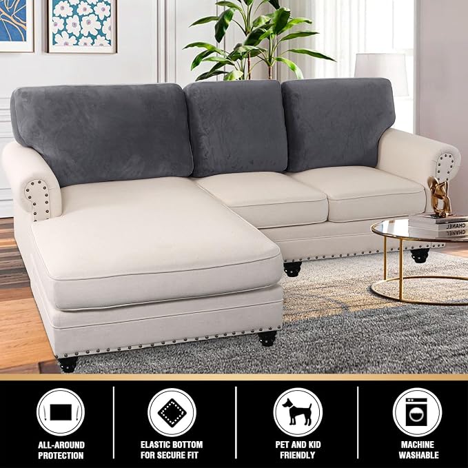 PrinceDeco Sectional Couch Covers Velvet Cushion Covers for Sectional Couch Cushion Covers for Sectional Sofa Separate Sectional Sofa Slipcovers Washable(1 Chaise Back+ 2 Sofa Back,Grey) - Image 2