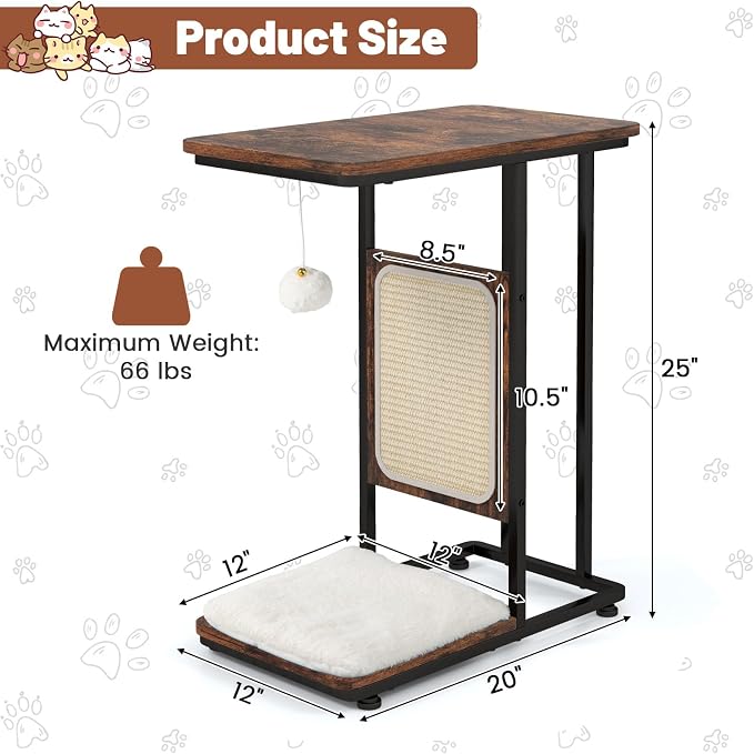 Giantex Cat Scratcher Side Table, C-Shaped End Table with Cat Scratching Board, Washable Cushion, Jingling Ball, Metal Frame, Couch Table Cat Tree Tower for Living Room Bedroom, Rustic Brown - Image 2