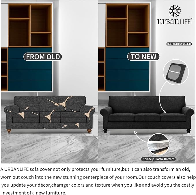 URBANLIFE 4-Piece Stretch Sofa Covers for 3 Cushion Couch, Black | Super fitted spandex slipcovers for couches. Non-slip elastic bottom. Machine washable furniture protector for kids & pets. - Image 5
