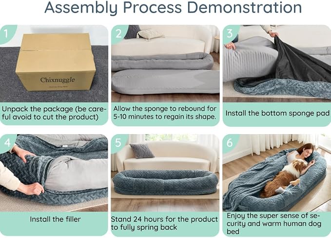 ChiXnuggle Orthopedic Human Dog Bed,with Faux Fur Washable Cover,Blanket | light grey,72*40*10,giant dog bed for adult or extra large dogs,egg crate foam,non-slip bottom - Image 6