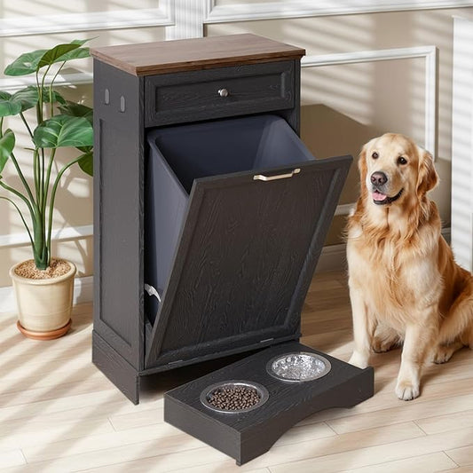 Tilt Out Trash Can Cabinet with Dog Bowl, 10 Gallons Dog Feeding Station with Storage, Dog Food Cabinet with Hideaway Drawer for Kitchen, Living Room,Laundry Room by Furnivio