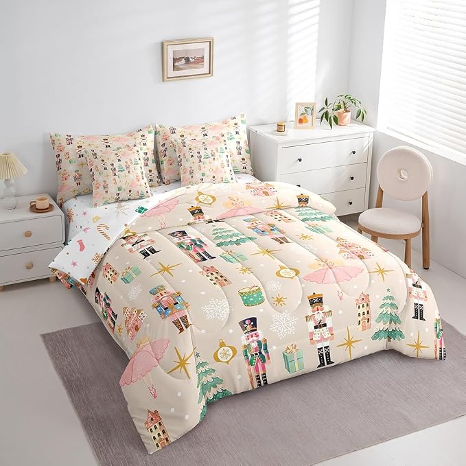 Erosebridal 7Pcs Beige Christmas Comforter Set Twin Size,Princess Nutcracker Bedding Set,Xmas Tree Snow Bed in A Bag for Kids Boys Girls,Starry Sky Christmas Decoration Quilt with Flat Fitted Sheet - Image 4