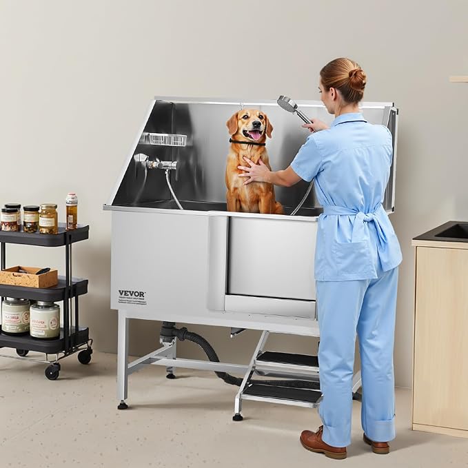 VEVOR Stainless Steel Dog Washing Station, 50 inch Pet Grooming Tub w/Stairs, PE Water Filter Board, Faucet & Showerhead & Soap Holder Dog Bathtub for Large & Medium & Small Pets (Right Door) - Image 8