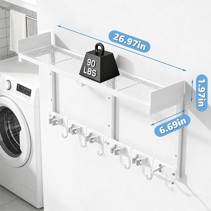 HUFAND Broom Holder Wall Mount, 27" Mop and Broom Organizer with Top Shelf | 5 Grippers,5 Movable S-Hooks,Breathable Grid Shelf,Rust-Resistant Coating,Hardware Included,for Kitchen,Laundry Room - Image 2