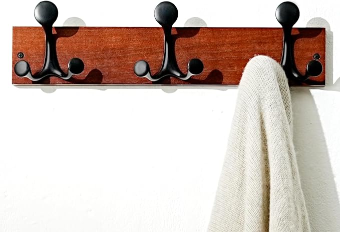SKOLOO 17-Inch Cherry Wood Coat Rack Wall Mount with 3 Triple Hooks - Ideal for Family Entrances, Classrooms, and Pet Supplies Storage - Perfect Coat Hooks for Wall - Image 2
