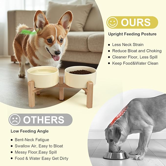 SPUNKYJUNKY Elevated Dog Bowls Ceramic, 6.1'' Dogs and Cat Food Water Bowls Raised with Non-Slip Bamboo Stand for Medium Sized Breed Microwave Dishwasher Safe - 28.7 OZ,Beige - Image 3
