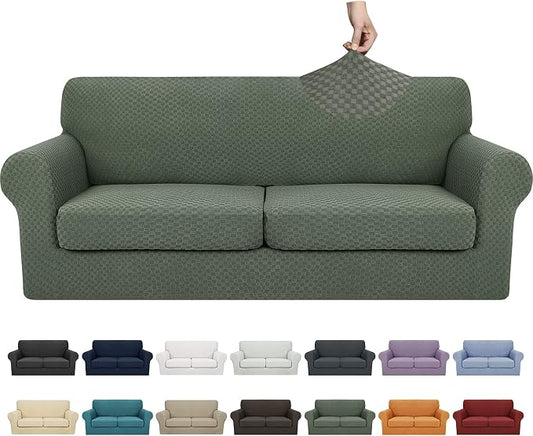 YEMYHOM Latest Checkered 3 Pieces Couch Covers for 2 Cushion Couch High Stretch Sofa Cover with 2 Extra Large Seat Cushion Covers Anti Slip Elastic Slipcovers (Army Green), 71"-91"(2 Cushions) by YEMYHOM