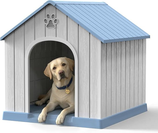 Large Dog House Outdoor Weatherproof，Waterproof Resin Outside Dog House with Elevated Floor and Air Vents, Durable Doghouse for Samll Medium Large Dogs (Light Blue, 38.62"L×36.26"W×38.07"H)