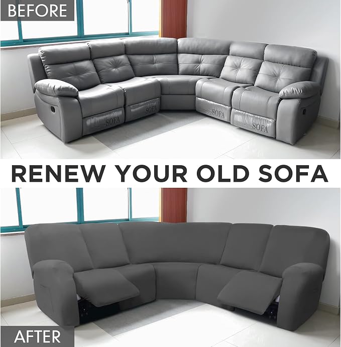 Peryiter 7 Pcs L Shape Sectional Recliner Sofa Covers 5 Seat Sectional Couch Covers Milk Silk Velvet Stretch Reclining Sofa Slipcover Furniture Protector for Living Room(Dark Gray,Milk Silk) - Image 4