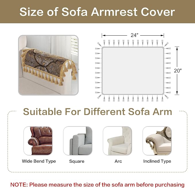 Loom and Mill Luxury Jacquard Sofa Arm Covers 2 PCS, Bronze Gold, 20x24in | Classic Antique Couch Armrest Cover with Tassels, Non-Slip Furniture Protector for Chair Sofa Recliners Couch Dogs Pets - Image 3