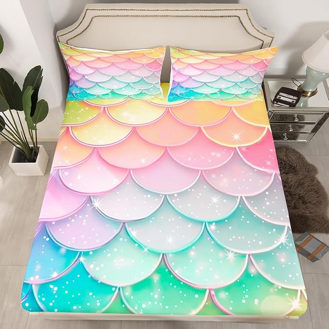 Mermaid Scale Bedding Girly 3D Fish Scale Bed Sheet Set 3 Piece Cute Mermaid Sheet Set Kids Teens Girls Pastel Pink Purple Teal Gold Glitter Bedding Set (1 Fitted Sheet + 1 Flat Sheet + 1 Pillowcase) - Image 2