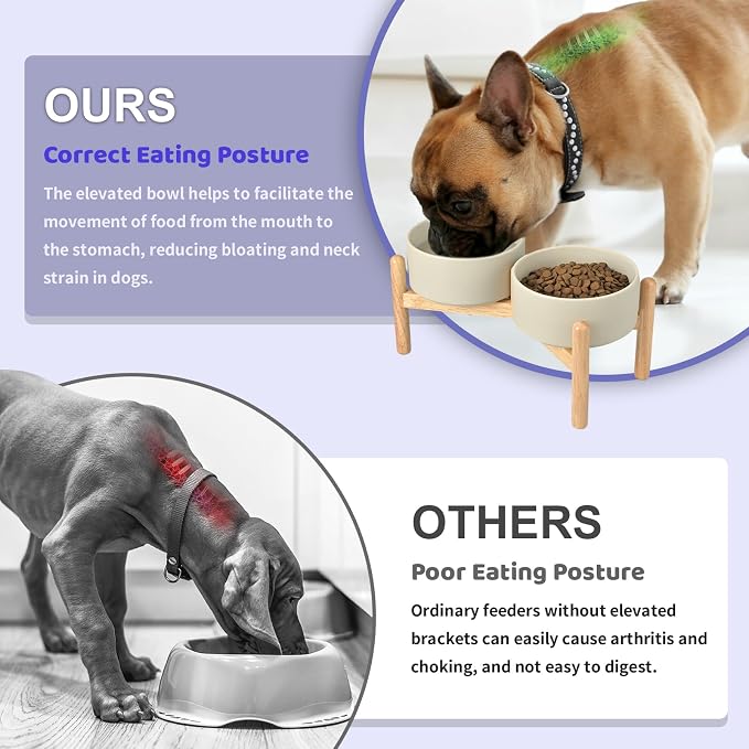 SPUNKYJUNKY Ceramics Elevated Dog Bowls with Wooden Stand - Raised Dog Bowl for Medium Large Dogs - Double 60OZ Bowls, Grey - Image 3