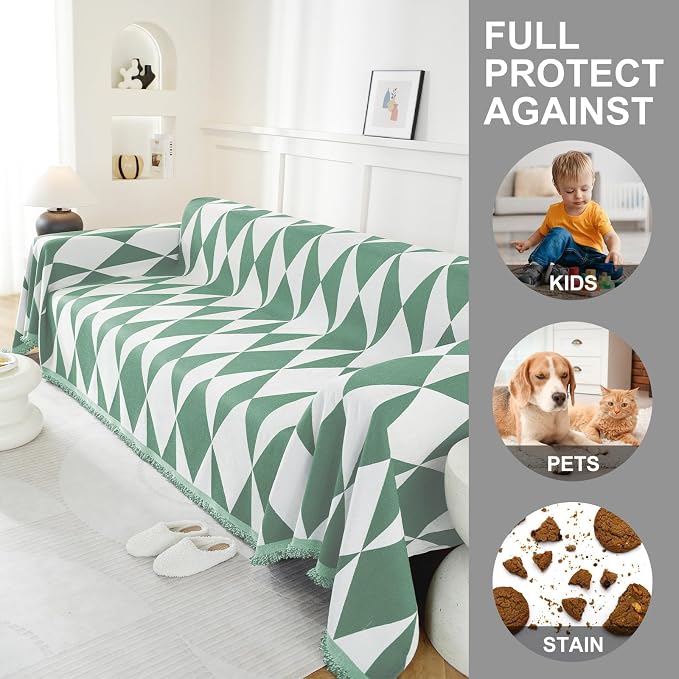 Couch Cover for Sofa, Boho Sofa Cover Washable Couch Cover for Dogs, Pet Sofa Cover for 3-Cushion Couches with Tassel Furniture Protector Cover,71" x 134",Pea Green-Diamond - Image 4