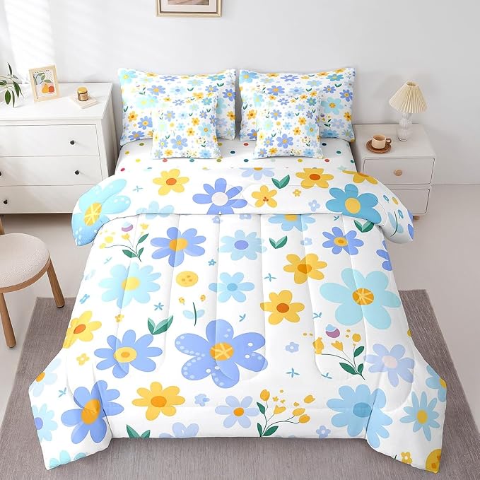 Feelyou Cute Flower 7 Piece Bedding Set King Size Kids Cartoon Cute Floral Bed in a Bag for Girls Teens Blue Yellow Comforter Set with Sheets Kawaii Bed Set by Feelyou