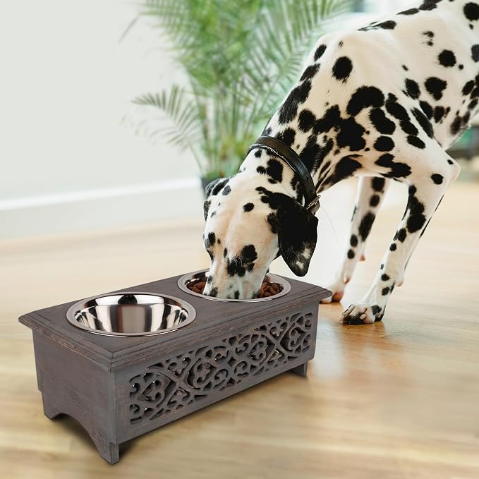 GoCraft Raised Dog Bowls for Small Dogs | Elegant Farmhouse Grey Washed Elevated Wooden Stand Feeder with 2 Stainless Steel Bowls for Your Pet Food & Water - Image 5