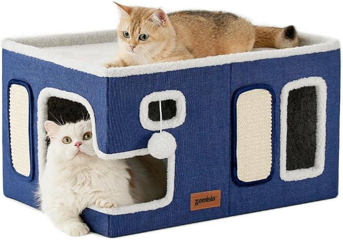 ZOMISIA Extra-Wide Cat House for Indoor Cats - Large Cat House for Pet with Fluffy Ball Hanging and Scratch Pad, Foldable Cat Hideaway for Multi Cats, 23x16.5x13 inches, Navy by Zomisia