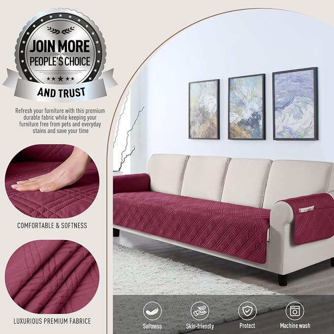 TAOCOCO Waterproof Oversized Couch Covers for Pets Dogs with Non Slip Backing, Sofa Seat Covers with Pocket for 4 Cushion Couch Washable Dog Couch Protector Sofa Slipcovers(Oversized Sofa, Wine) - Image 2