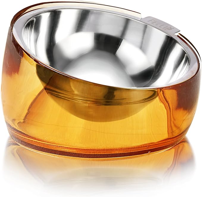 Felli Pet Oblik Acrylic Raised Dog Food Water Bowl Stainless Steel Slanted Oval Dish for Short Leg Puppy & Small Medium Pet, Elevated Tilted Metal Feeder(Gold, 1.5 Cups Oval Dish) by Felli