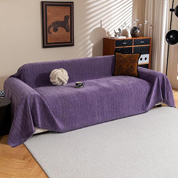 Sofa Covers for 3 Cushion Couch Seat, Loveseat Non Slip Couch Cover Chenille Strip Couch Throw Blankets with Tassels, Sectional Sofa Slipcovers Furniture Protector for Pets, Kids 71"x134", Purple by BEDDING