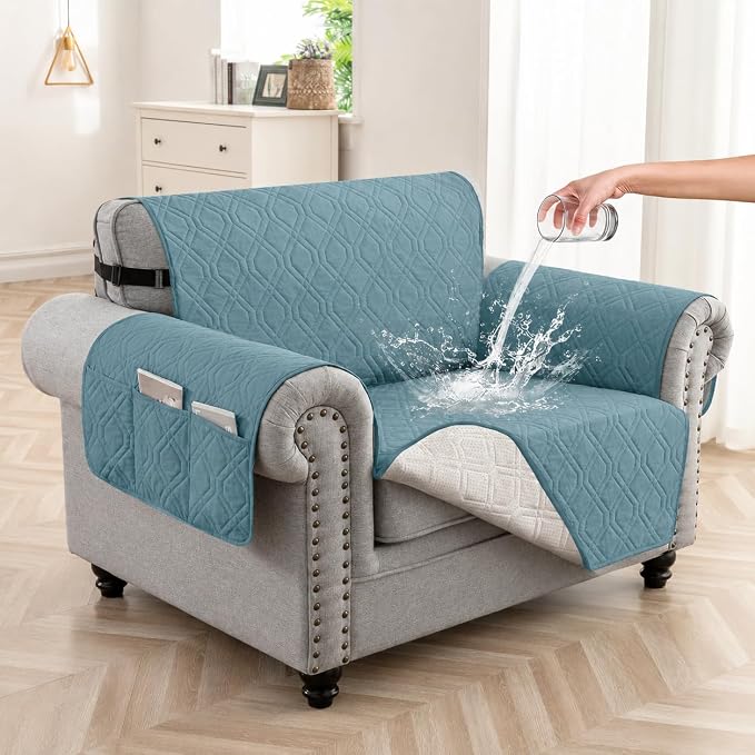 100% Waterproof Quilted Couch Cover,Straps&Pockets,23" Grayishblue | Washable sofa cover, pet-friendly, scratch-resistant furniture protector, quilted sofa cover, reversible, non-slip backing. by Unknown