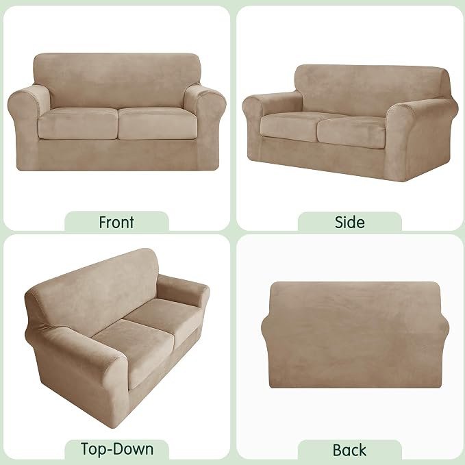 CHUN YI 3 Piece Velvet Couch Covers for 2 Cushion Couch, Water Resistant Loveseat Covers, Non Slip High Stretch Thick Furniture Protector for Dogs Pets, Medium, Camel - Image 5