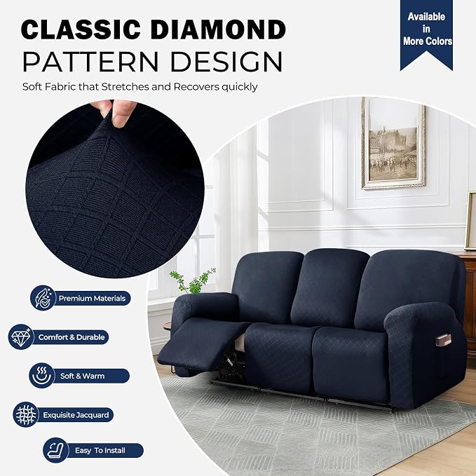 vctops Diamond Recliner Sofa Covers 8-Pieces Stretch Large Couch Covers for 3 Seats Reclining Slipcovers Soft Solid Furniture Protector (Navy,3 Seat) - Image 3