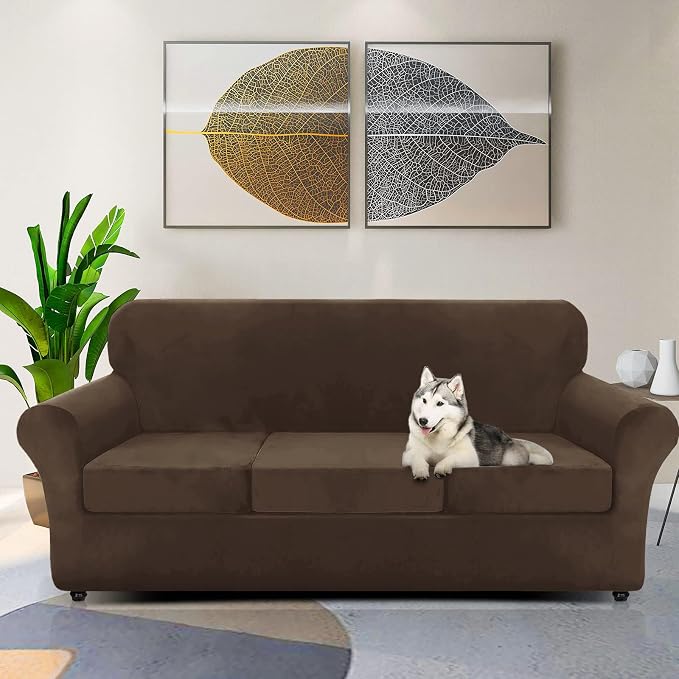 ZNSAYOTX Oversized Velvet Couch Cover 4 Piece (92"-115") Stretch Sofa Covers for 3 Cushion Couch Thick Soft XL-Slipcover with Non Slip Strap, Dog Pet Friendly Nice Furniture Protector (Dark Coffee) - Image 2